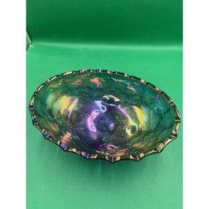 Vintage Indiana Iridescent Blue Carnival Glass Harvest Fruit Oval Footed Bowl